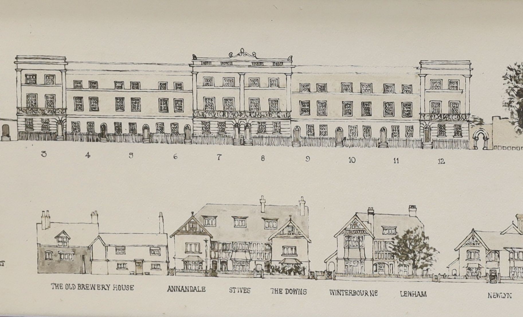 Gough, pen and ink, Priory Crescent and Southover High Street, Lewes, signed and dated 1964, 17 x 184cm
